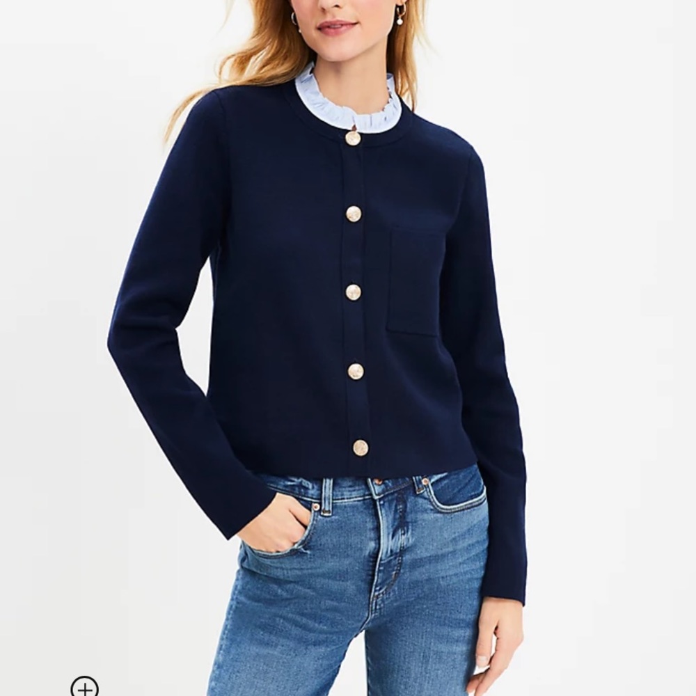 LOFT Navy Button-Front Knit Jacket